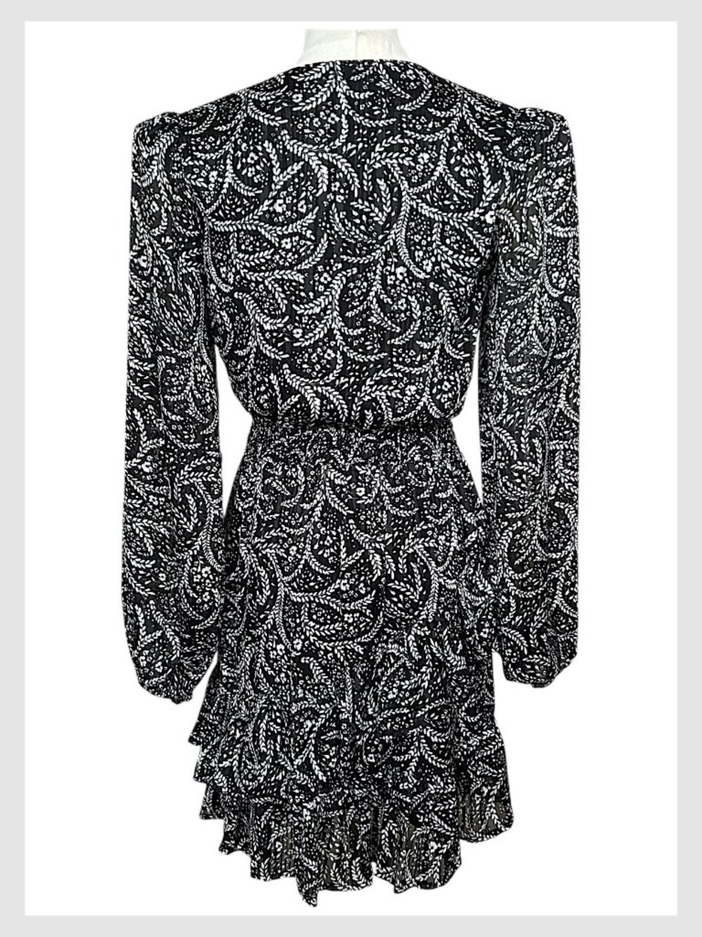 Aqua Black White Floral Ruffle Mini Dress Long Sleeve XS - Picture 6 of 10